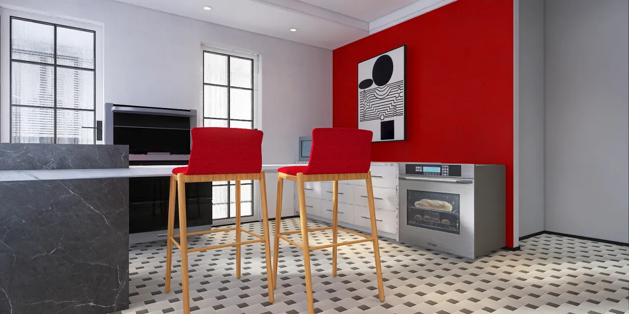 a kitchen with a red couch and a red chair 