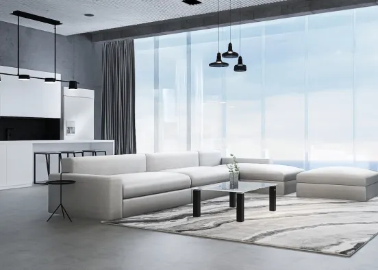 Cool toned kitchen + living room Design Rendering