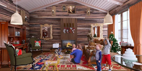 family enjoying a festive living room with wooden wall design and cozy fireplace, showcasing holiday decorations, featuring Homestyler's real-time 3D rendering for interior design visualization.