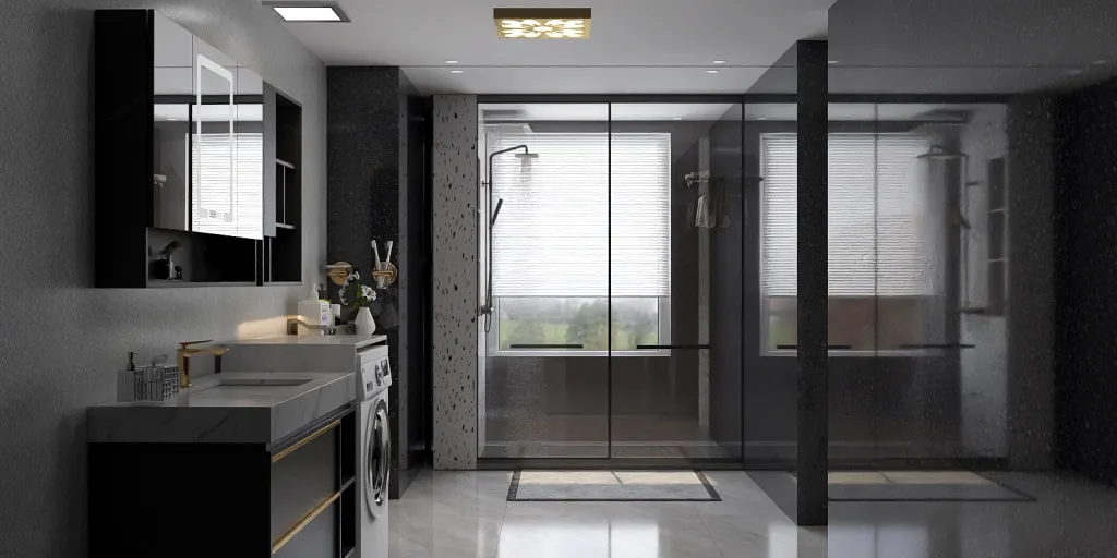 a kitchen with a sink, a window, and a shower 