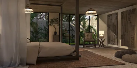 Modern bedroom featuring a minimalist bed design with natural lighting, showcasing a serene atmosphere and a blend of indoor and outdoor spaces, utilizing Homestyler's real-time 3D rendering for accurate visualization.