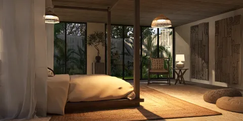 cozy bedroom design featuring a four-poster bed with natural light, utilizing Homestyler's real-time 3D rendering for an immersive interior decor experience.