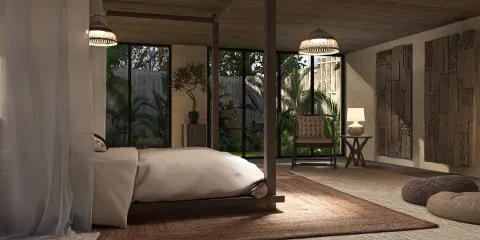 A serene bedroom featuring a wooden four-poster bed and earthy decor, designed with a calming rustic style, showcasing a modern boho interior design using Homestyler's real-time 3D rendering feature.