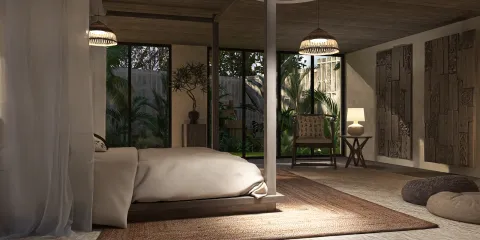 bedroom with a modern bed arrangement featuring natural materials, designed in a minimalist style, showcasing space optimization techniques using Homestyler's real-time 3D rendering feature.