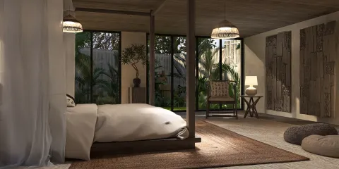 Modern bedroom design featuring a four-poster bed with soft bedding, styled in a minimalist aesthetic, creating a serene living space with Homestyler's real-time 3D rendering functionality.