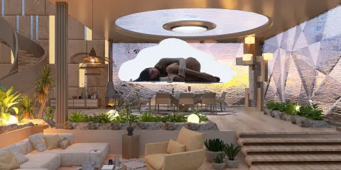 modern living room design featuring a woman lounging, incorporating natural elements and warm lighting, enhancing relaxation and comfort, utilizing Homestyler's real-time 3D rendering feature.