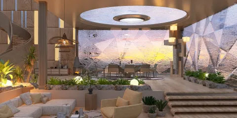 modern living room with open layout featuring large windows and natural light, showcasing a luxurious interior design, using Homestyler's real-time 3D rendering for a realistic view.