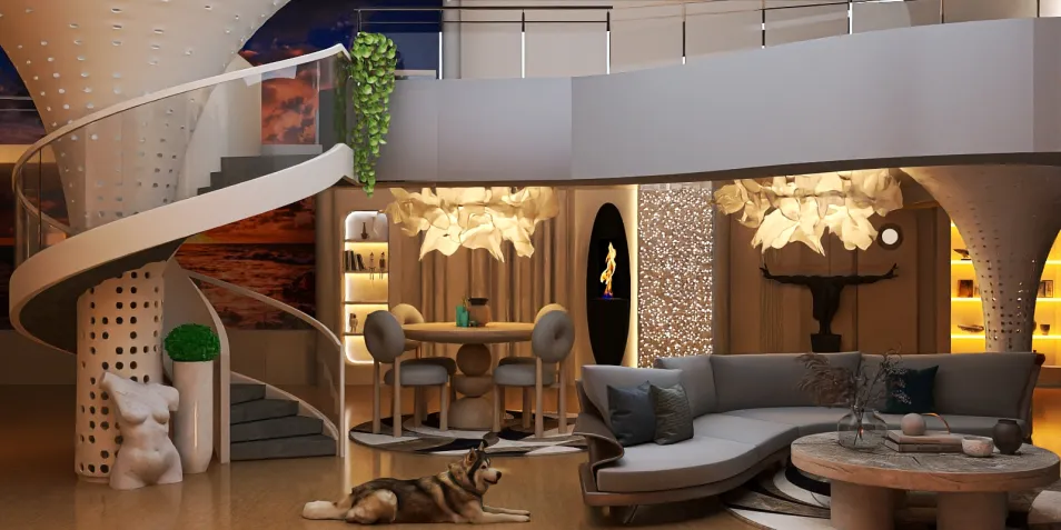 Modern living room design featuring a spiral staircase and unique furniture arrangement in a contemporary style, showcasing interior decor ideas with Homestyler's real-time 3D rendering feature.