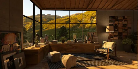 Modern living room featuring panoramic windows showcasing a scenic mountain view, enhancing natural light and tranquility, using Homestyler's real-time 3D rendering for immersive interior design visualization.
