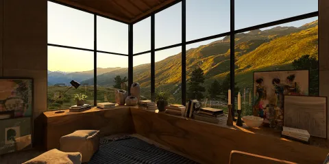 cozy window nook with scenic mountain view showcasing a modern interior design style, featuring natural light and rustic decor elements, utilizing Homestyler's real-time 3D rendering for a realistic preview.