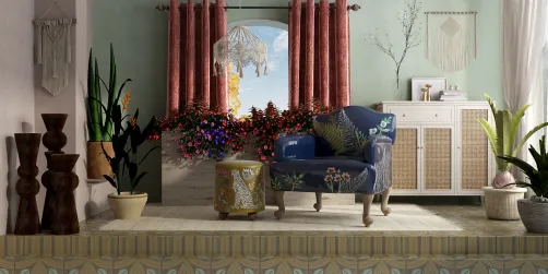 Stylish armchair with floral upholstery placed in a cozy interior space featuring botanical decor, enhancing the aesthetic with smart furniture arrangement using Homestyler's 3D rendering capability.