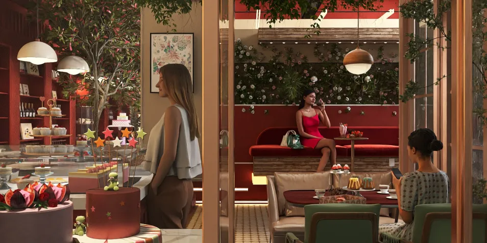 café interior with modern seating arrangements and lush greenery creating a cozy atmosphere, featuring Homestyler's real-time 3D rendering for design proposal visualization.