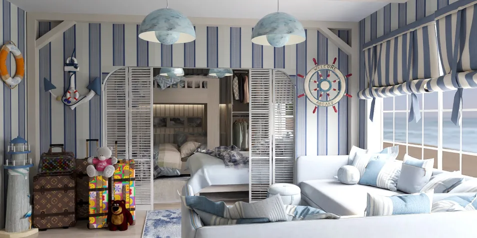 Beach-themed bedroom design showcasing a cozy layout with stripes and nautical decor, enhancing space utilization. Features Homestyler's real-time 3D rendering for instant design previews.