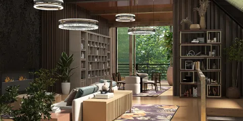 Living room with modern furniture arrangement showcasing an open layout design in a contemporary style, featuring large windows for natural light; includes Homestyler's real-time 3D rendering functionality for effective interior design visualization.