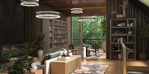modern living room design featuring a cozy seating area and stylish lighting, showcasing interior decor with a focus on open space and natural elements, utilizing Homestyler's real-time 3D rendering feature for quick visualization.
