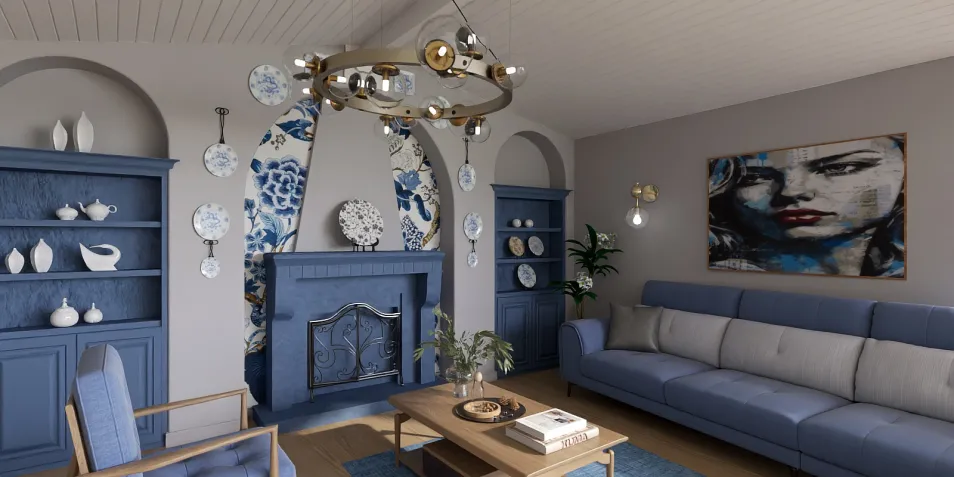 living room with modern furnishings featuring a chandelier and blue accents, creating a cozy atmosphere for relaxation and socializing; includes interior decor elements and utilizes Homestyler's real-time 3D rendering for design visualization.