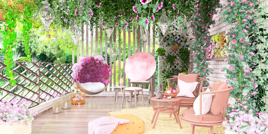 a garden filled with flowers and chairs 