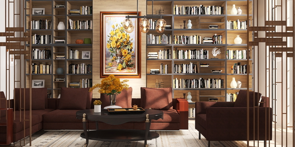 a living room with a couch, bookshelf, and a bookcase 