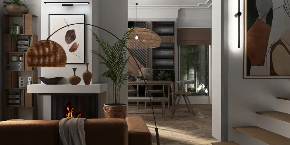 Stylish living room featuring modern furniture arrangement in a cozy earthy palette, showcasing interior decor with an emphasis on comfort and aesthetics. Utilize Homestyler's real-time 3D rendering for instant design previews.