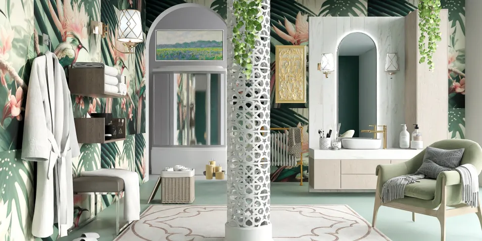 luxurious bathroom design featuring tropical wallpaper, a stylish vanity setup, and a relaxing seating area, showcasing the use of advanced 3D rendering in Homestyler for realistic interior decor visualization.