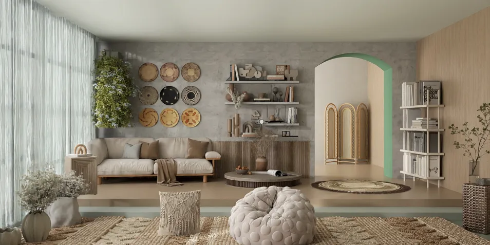 Living room with a cozy sofa and decorative wall shelves, featuring natural elements and a neutral color palette, optimized for small space interior design using Homestyler's real-time 3D rendering feature.