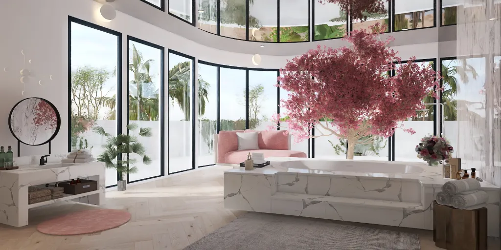 a living room with a large window and a flower arrangement 