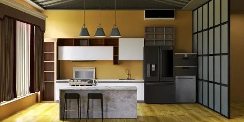 Yellow kitchen with yellow and black furniture 