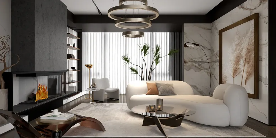 modern living room with a curved sofa and artistic decor featuring a fireplace, showcasing interior design inspiration for contemporary spaces using Homestyler's real-time 3D rendering feature.