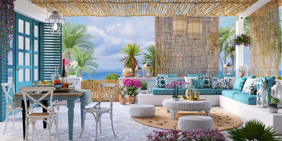 cozy outdoor living area with blue accents and tropical plants showcasing a relaxed beachfront style, ideal for interior design inspiration using Homestyler's real-time 3D rendering feature.