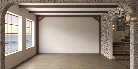 empty room with wooden beams and large windows showcasing a sunset view, demonstrating interior design concepts with a focus on space optimization using Homestyler's real-time 3D rendering feature.