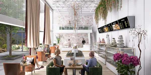modern cafe interior design featuring a spacious layout with stylish furniture and elegant decor, utilizing Homestyler's real-time 3D rendering for an immersive customer experience.