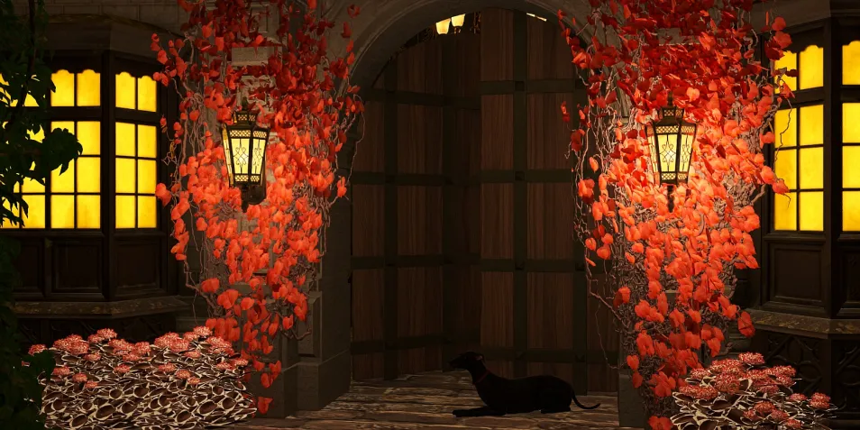 entrance with autumn leaves accentuating the doorway, creating a cozy ambiance, interior decor enhancing the entrance space, featuring Homestyler's real-time 3D rendering for design previews.