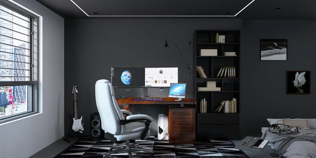 a living room with a chair and a desk 