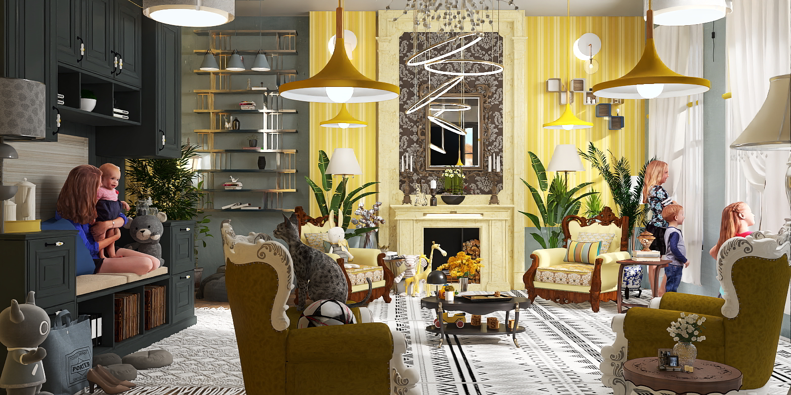 Vintages room with touches of color