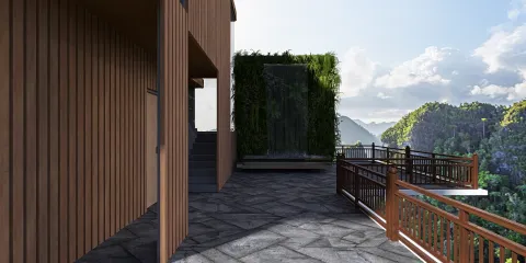 outdoor terrace with wooden railing plus scenic mountain view in a modern style featuring a water feature using Homestyler's real-time 3D rendering.