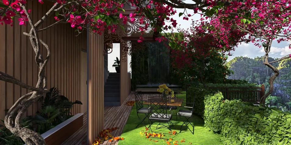 garden patio with floral decorations and outdoor furniture design, featuring a vibrant atmosphere, showcasing Homestyler's real-time 3D rendering functionality.