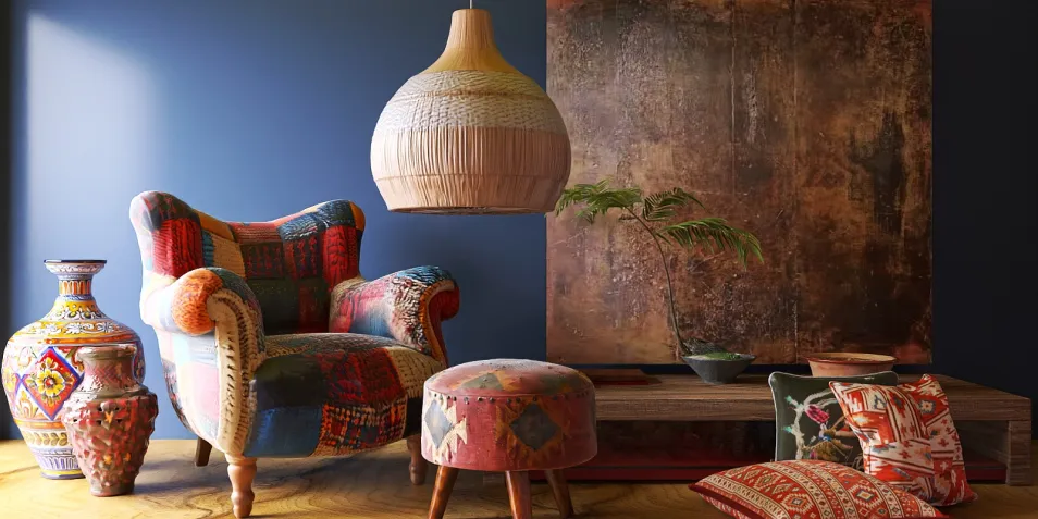 Colorful patchwork armchair with a hanging pendant light and decorative ottoman in a cozy living room design, showcasing Homestyler's real-time 3D rendering feature for interior decor.