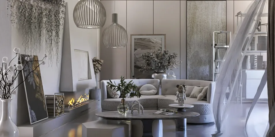 modern living room design featuring a cozy sectional sofa with decorative plants and art, showcasing Homestyler's real-time 3D rendering for stunning interior visualization