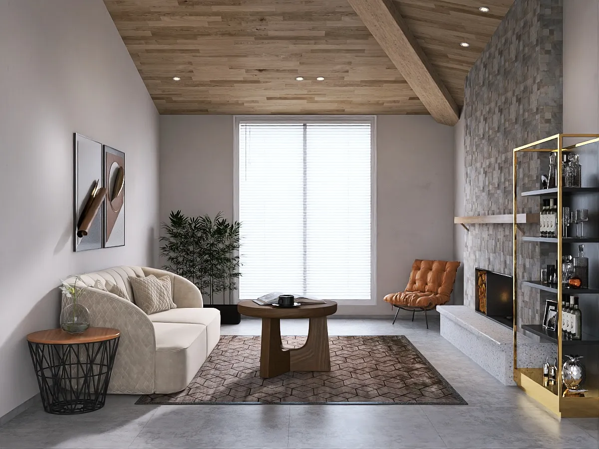 a living room with a couch, chair, and a fireplace 