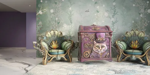 ornate armchairs and a colorful cabinet with cat design in a whimsical style enhancing the entryway aesthetic, featuring Homestyler's real-time 3D rendering functionality for quick design previews.