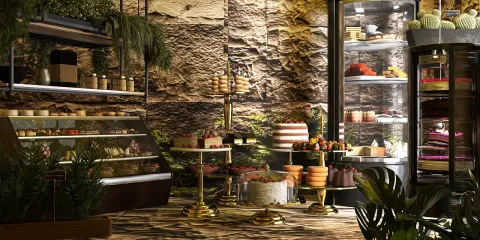 dessert display case showcasing an array of pastries and cakes in a modern bakery design, utilizing Homestyler's real-time 3D rendering for an immersive experience.