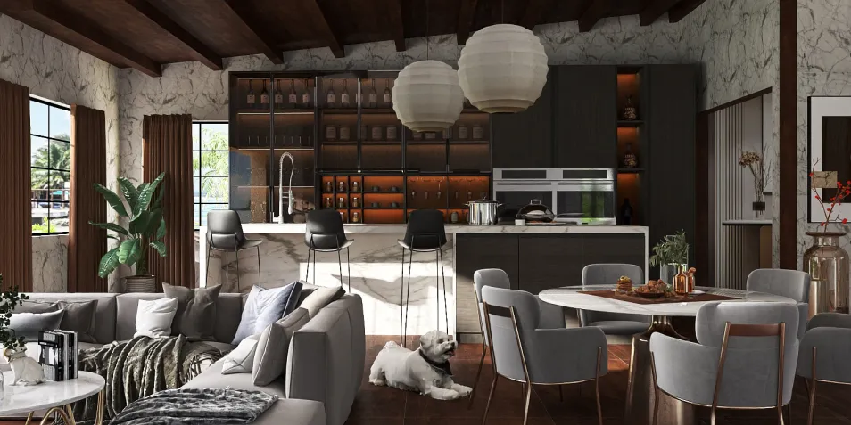 Modern living room with open kitchen design showcasing a cozy atmosphere featuring a spacious layout and stylish furniture, enhanced by Homestyler's real-time 3D rendering for effective interior decor visualization.