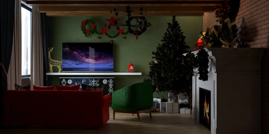 a living room with a christmas tree and a tv 