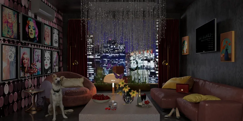 living room with vibrant art wall and elegant sofas featuring a city skyline view, designed using Homestyler's 3D rendering for realistic interior decor visualization.