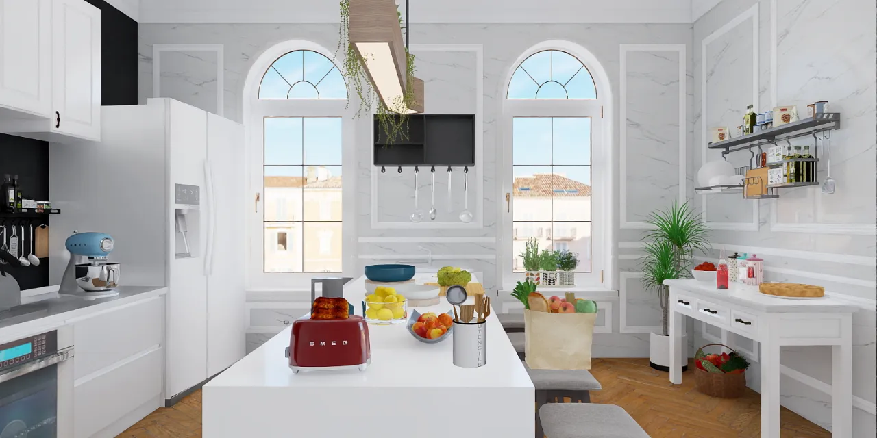 a kitchen with a stove, sink, and a window 