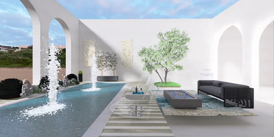 a living room with a pool and a large fountain 