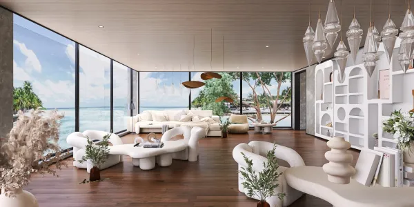 luxurious living room featuring modern furniture arrangement with an emphasis on minimalism and coastal views, showcasing interior decor with Homestyler's real-time 3D rendering feature.