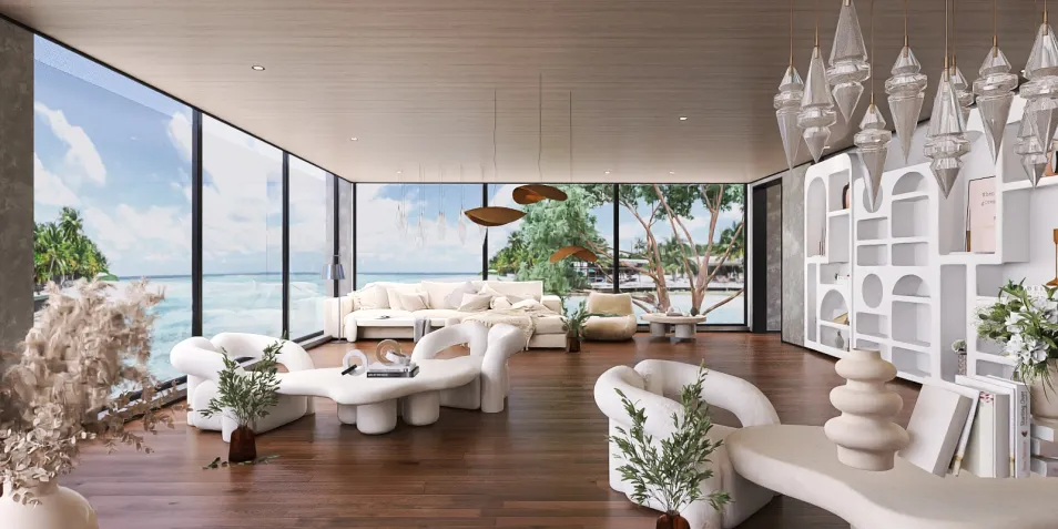 luxurious living room featuring modern furniture arrangement with an emphasis on minimalism and coastal views, showcasing interior decor with Homestyler's real-time 3D rendering feature.