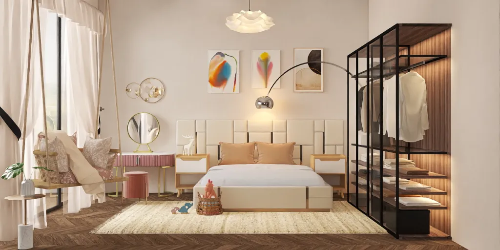 a bedroom with a bed, a dresser, and a lamp 
