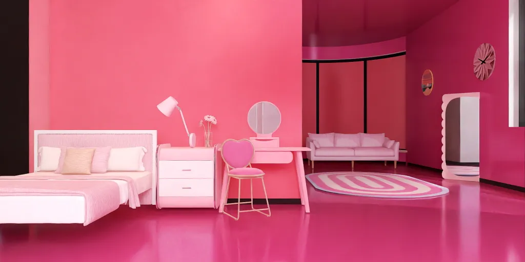 a pink room with a pink bed and a pink chair 